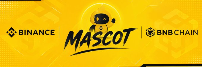 A yellow banner featuring a small robot mascot character in the center, flanked by the logos and names 'BINANCE' on the left and 'BNB CHAIN' on the right.