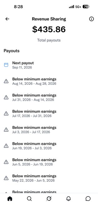 A mobile app screenshot displays a "Revenue Sharing" page showing total payouts of $435.86, with a list of earnings below noting multiple periods of "Below minimum earnings" with warning icons.