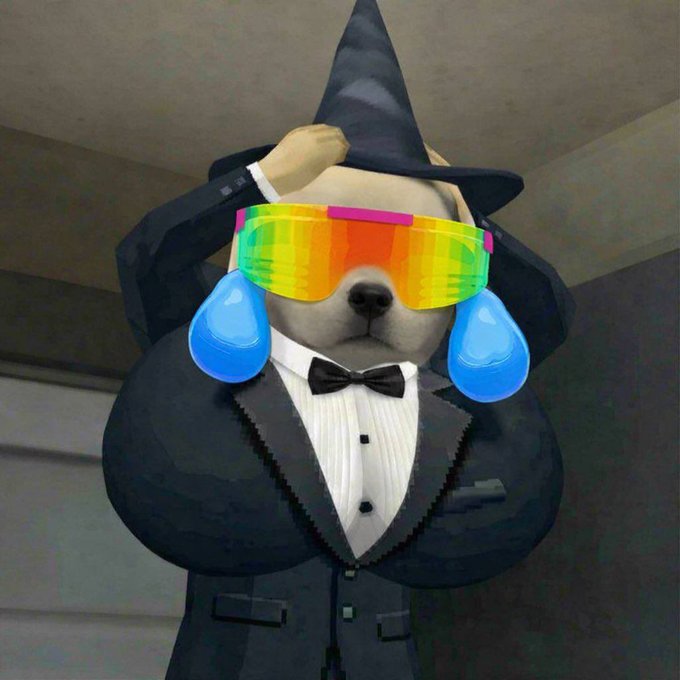 A digitally edited photo of a Shiba Inu dog wearing a black suit, bow tie, and witch hat, edited with rainbow shutter shades and blue crying-laughing emojis over its eyes.