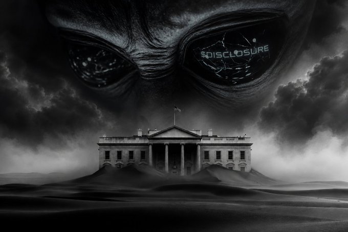 The image features a large white house with two doors, one of which has a sign that says "disclosure" written on it. The house appears to be abandoned or neglected, as there are no people visible around it. In front of the house, there is an alien-like creature with eyes and antennae, giving the impression that they have been released from captivity by the White House.