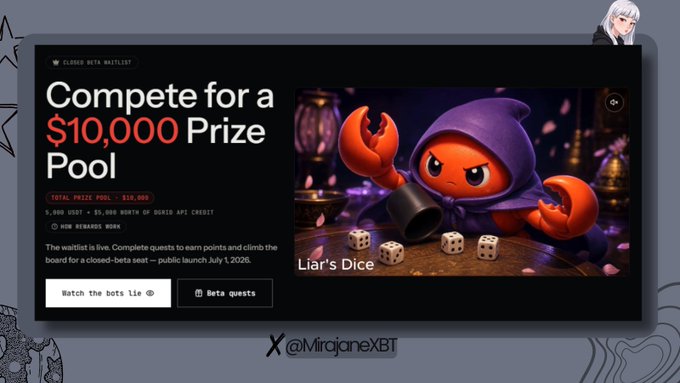 A promotional banner for Claw Arena's closed beta waitlist advertises a $10,000 prize pool (5,000 USDC + 5,000 Opus API credits) for an AI-agent-powered Liar's Dice competition launching publicly on July 1, 2026, fitting the post's focus on building and tuning AI agents rather than playing directly. The image features a hooded red crab character with dice, alongside "Beta quests" and "Watch the bots lie" buttons, and is shared by @MirajaneXBT.