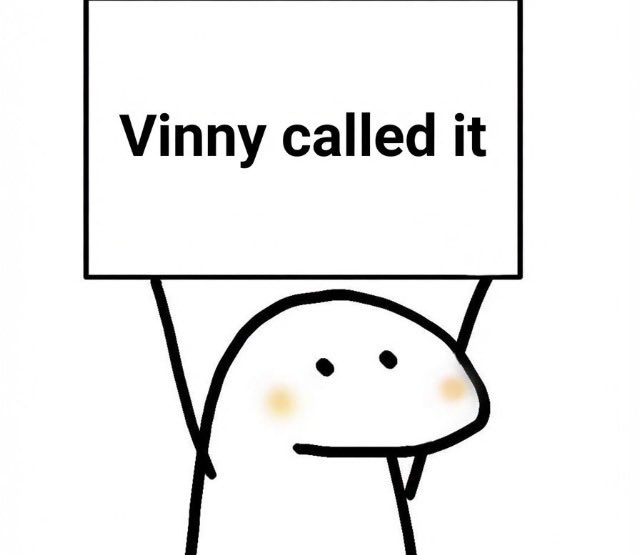 The image is a meme featuring a Flork character holding a sign that reads "Vinny called it." This caption relates to the accompanying post by suggesting that an individual named Vinny accurately predicted or foresaw events related to Trump and crypto.