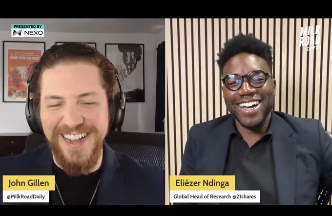 Split-screen video interview featuring John Gillen (@MilkRoadDaily) on the left and Eliézer Ndinga (Global Head of Research @21shares) on the right, presented by NEXO.