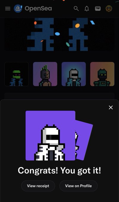 An OpenSea app screenshot showing a pixel art character collection with a pop-up reading 'Congrats! You got it!' and buttons for 'View receipt' and 'View on Profile'.