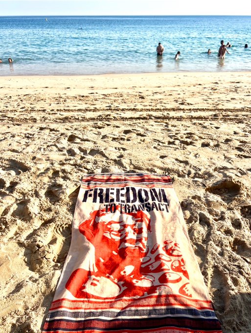 A beach scene with people swimming in the turquoise ocean, while a towel in the foreground displays the text 'FREEDOM TO TRANSACT' above a red graphic.