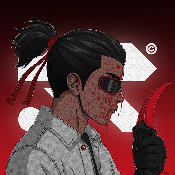 This anime-style digital illustration features a blood-splattered character holding a red blade, serving as promotional artwork for the "Project R3D" giveaway. The edgy, violent aesthetic of the character aligns with the "R3D" branding mentioned in the accompanying text.
