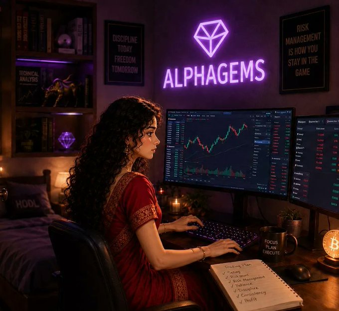A woman sits at a multi-monitor computer setup trading cryptocurrency under a neon sign reading 'ALPHAGEMS,' with framed quotes including 'DISCIPLINE TODAY FREEDOM TOMORROW' and 'RISK MANAGEMENT IS HOW YOU STAY IN THE GAME,' alongside a 'FOCUS PLAN EXECUTE' mug.