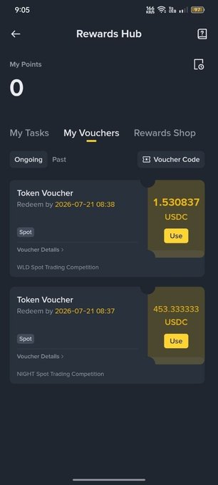 The image shows a Binance Rewards Hub screen displaying 0 My Points with two unredeemed token vouchers under "My Vouchers": a 1.530837 USDC voucher from the WLD Spot Trading Competition and a 453.333333 USDC voucher from the NIGHT Spot Trading Competition, both set to expire on 2026-07-21. This directly visualizes the post's mention of successfully receiving rewards from both the NIGHT and WLD Spot Trading Competitions on Binance.
