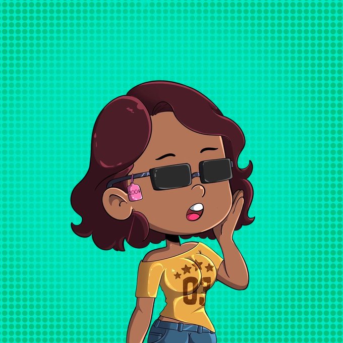 A cartoon illustration of a dark-skinned woman with reddish-brown hair, wearing sunglasses, a yellow shirt with stars and the number '03', and a pink earbud case accessory.