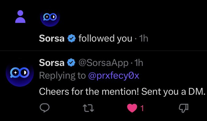 Screenshot of a Twitter notification from verified account "Sorsa @SorsaApp" replying to @prxfecy0x saying "Cheers for the mention! Sent you a DM."