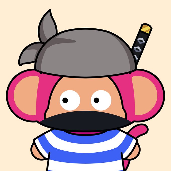 A cartoon character illustration of a small figure with a large pink hat/hair, wearing a gray helmet with a Japanese sword stuck through it, and a blue and white striped shirt against a beige background.