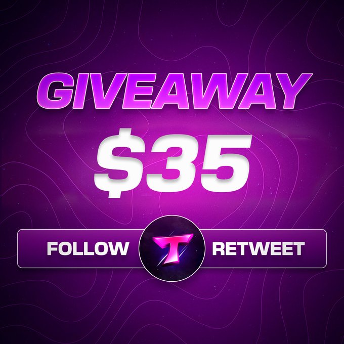 A purple graphic announces a "GIVEAWAY $35" with "FOLLOW" and "RETWEET" instructions surrounding a stylized "T" logo.