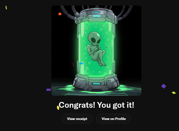 A colorful screenshot showing a green liquid-filled cryogenic tank containing a floating grey alien, with text reading 'Congrats! You got it!' along with 'View receipt' and 'View on Profile' buttons.