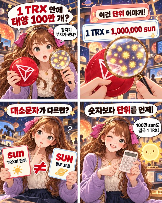 A four-panel Korean/English illustration promoting TRX cryptocurrency, showing an anime-style character explaining that 1 TRX equals 1,000,000 SUN and comparing it to physical coins.