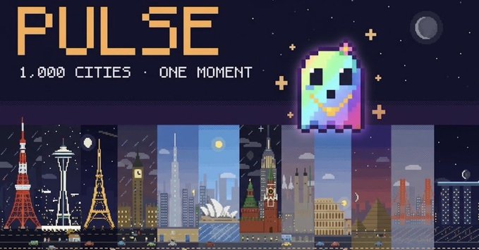 A pixel art graphic features the word "PULSE" with the subtitle "1,000 CITIES · ONE MOMENT" above a colorful night skyline of famous global landmarks and a rainbow ghost character.