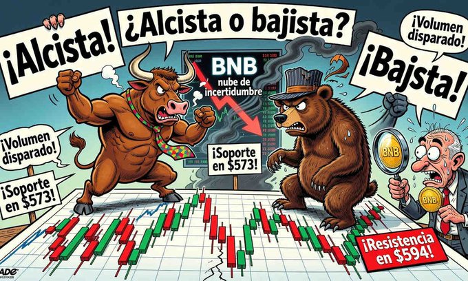 A cartoon illustration of a bull and a bear fighting, with Spanish text including '¡Alcista o bajista?', '¡Alcista!', '¡Bajista!', 'BNB nube de incertidumbre', '¡Soporte en $573!', '¡Volumen disparado!', and '¡Resistencia en $594!'.