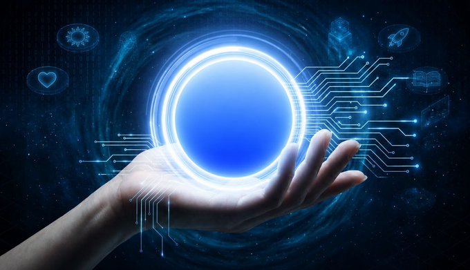 A digital illustration of a hand holding a glowing blue energy sphere, surrounded by floating tech icons (virus, heart, lock, book, rocket) and circuit board patterns.