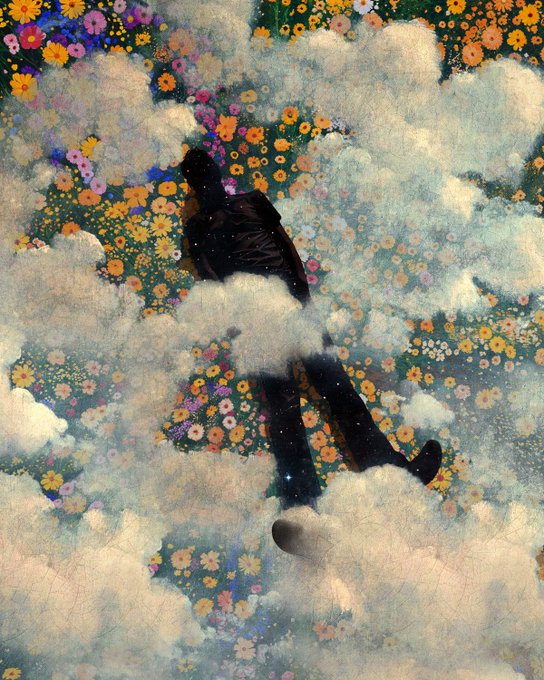 An artistic illustration of a silhouetted figure floating or falling through a dense, surreal sky filled with billowing clouds and clusters of colorful flowers against a starry background.