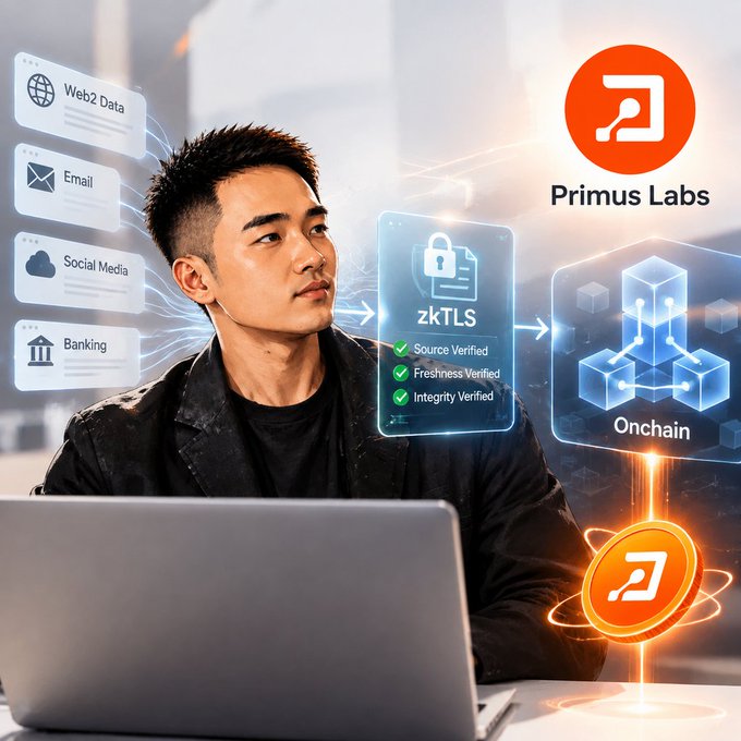 Promotional image for 'Primus Labs' featuring a man at a laptop with floating digital elements connecting Web2 Data, Email, Social Media, and Banking to a 'zkTLS' secure layer and 'Onchain' blockchain.