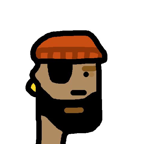 A pixel art illustration of a man with a beard, wearing a red beanie, an eye patch, and a gold earring.