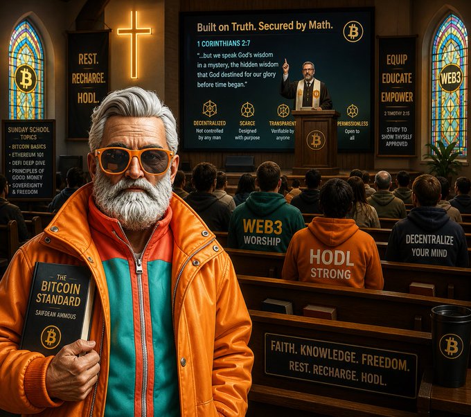 A satirical, AI-generated scene depicting a 'Bitcoin Church' where a bearded man in an orange jacket holds 'The Bitcoin Standard,' and attendees wear hoodies reading 'HODL STRONG' and 'DECENTRALIZE YOUR MIND.'