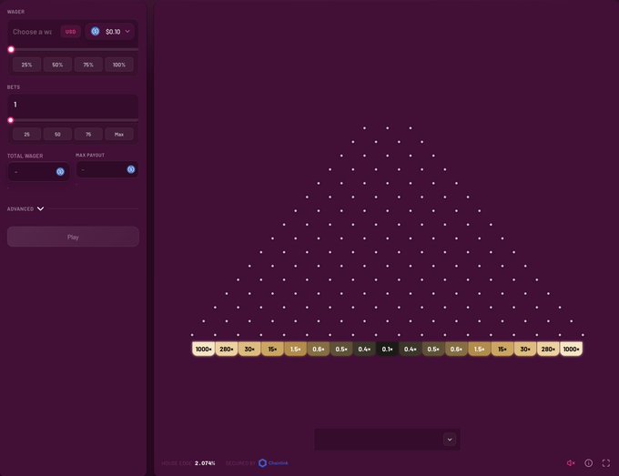 A Plinko-style gambling game interface on Stake.us with multipliers ranging from 0.4x to 1000x at the bottom and betting controls on the left panel.