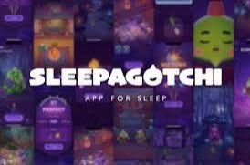The image features a poster for a video game called "Sleeping Potschi", which appears to be an app designed for sleep. The poster displays various images of different characters, including a green face with eyes closed, a red face with a smiley expression, and other cartoon-like faces. The text on the poster reads "Sleeping Potschi App for Sleep" and "Focus on what is in the image and how it relates to the post". This suggests that the game's main focus is on promoting better sleep habits through its gameplay mechanics or features.