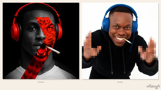 Side-by-side stylized portraits: left shows a man in red headphones with a red lightning bolt painted across his face holding a cigarette; right shows a smiling man in blue headphones with pixelated hands making gestures, also holding a cigarette.