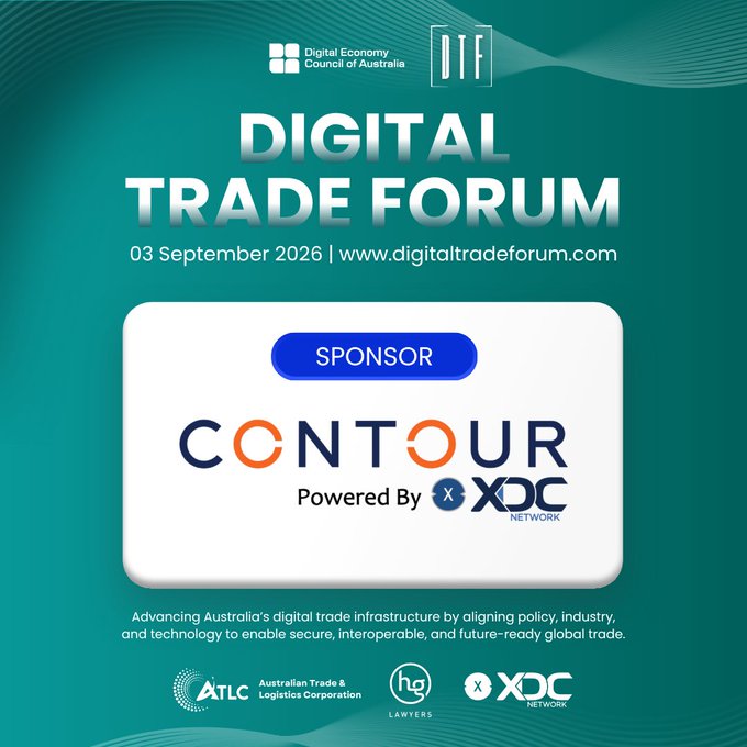 A promotional graphic for the Digital Trade Forum on 03 September 2026 (www.digitaltradeforum.com), hosted by the Digital Economy Council of Australia, announcing Contour—Powered by XDC Network as a Silver Sponsor, with logos for ATLC, hg.lawyers, and XDC Network at the bottom.