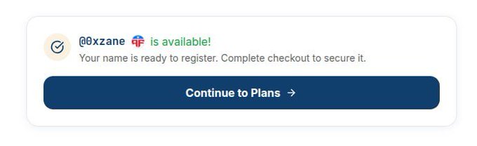 A notification card indicating the username '@0xzane' with a UK flag is available for registration, featuring a 'Continue to Plans' button.