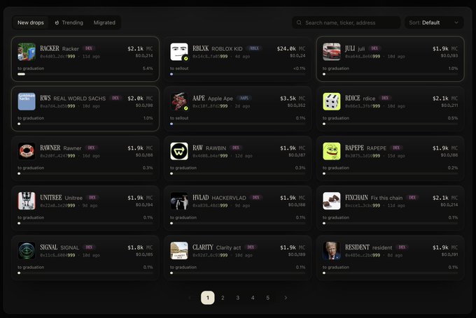 A marketplace interface showing a grid of token listings including 'RACKER', 'ROBLOX KID', 'JULI', 'RWS', 'AAPE', 'RDICE', 'RAWNER', 'RAWBIN', 'RAPEPE', 'UNITREE', 'HACKERLAD', 'FINCHAIN', 'SIGNAL SIGNAL', 'CLARITY', and 'RESIDENT', with prices in 'HC'.