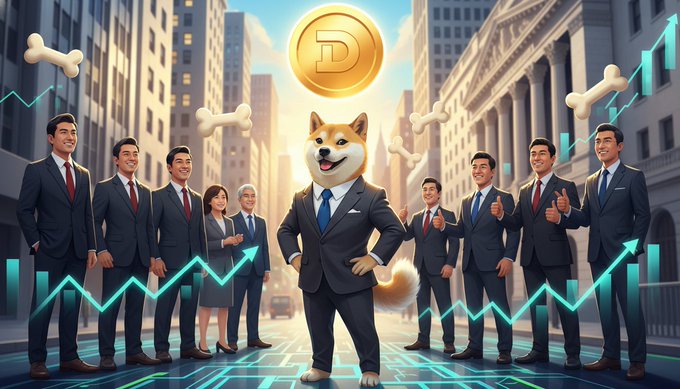 The image features a group of people dressed in suits, with one person standing out as he poses confidently wearing a suit that resembles a dog's head. The crowd appears to be either attending or discussing the hedge fund analyst who is staring at her Bloomberg Terminal, seemingly focused on an asset allocation decision involving Bitcoin and Dogecoin. The post suggests that these digital assets have recently gained institutional backing and could potentially disrupt traditional finance with their decentralized nature and unique uses in various sectors.