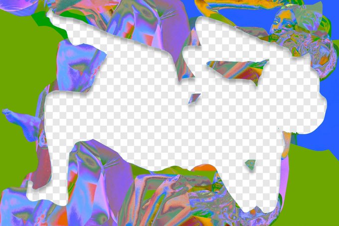 An abstract, psychedelic graphic with a transparent horse-shaped silhouette set against a vibrant background of blue, green, and pink colors.