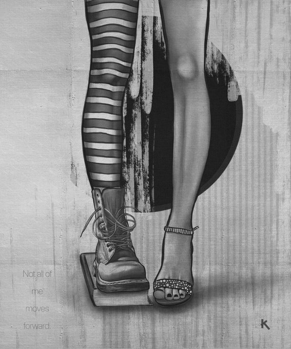 A black-and-white artistic illustration of a woman's legs wearing mismatched footwear—a chunky boot on one foot and a studded high-heeled sandal on the other—with the text 'Not all of me moves forward' in the corner.