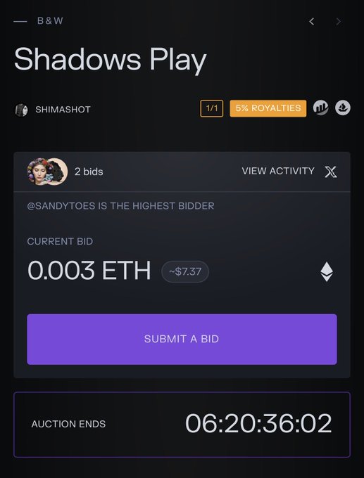 A dark-themed NFT auction interface titled 'Shadows Play' by SHIMASHOT, showing a current bid of 0.003 ETH (~$7.37) with a countdown timer of 06:20:36:02.