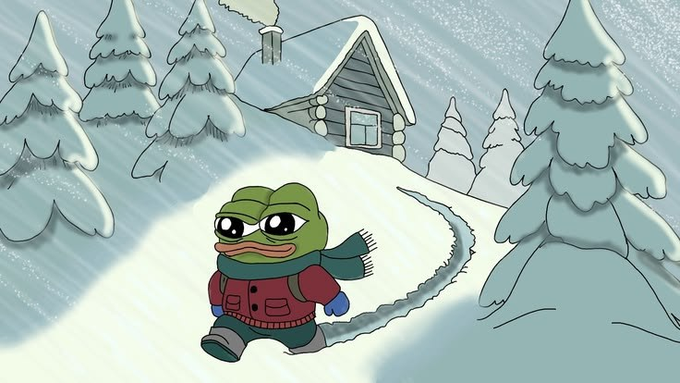 An animated illustration shows Pepe the Frog bundled up in a red coat, teal scarf, and blue mittens, walking through a snowy landscape with pine trees and a log cabin, with a small trail visible in the snow behind him.