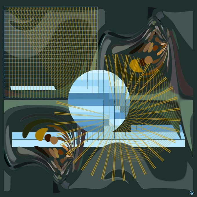 An abstract digital artwork featuring swirling shapes in green and brown tones, overlaid with a grid of thin yellow lines and a central blue striped circle.