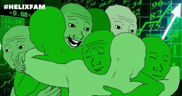 A meme image featuring several green-tinted 'Wojak' faces group-hugging in front of a stock chart with an upward arrow, tagged with '#HELIXFAM'.