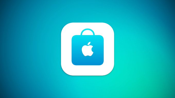 Apple App Store icon featuring a white Apple logo on a blue shopping bag, set against a teal gradient background.