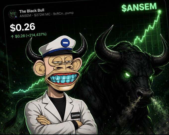 The Black Bull ($ANSEM) crypto token card showing $0.26 price with +214,437% gain and a cartoon character alongside a glowing bull.