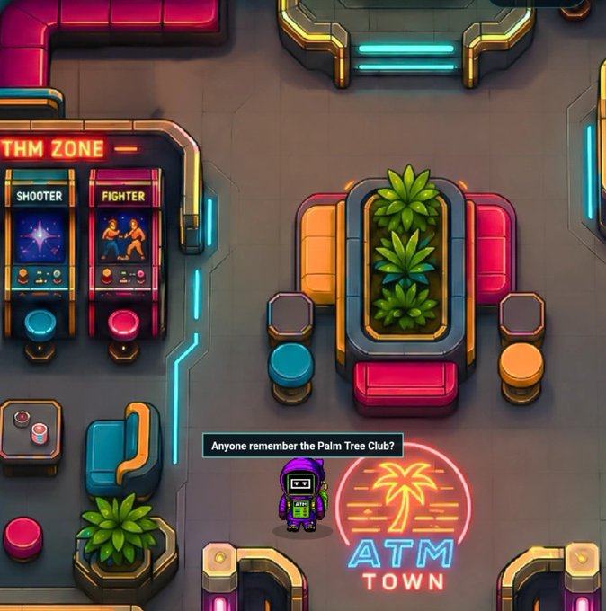 A colorful 2D top-down video game scene featuring an ATM Town arcade area with rhythm games labeled "SHOOTER" and "FIGHTER," a character asking "Anyone remember the Palm Tree Club?", and a neon palm tree sign.
