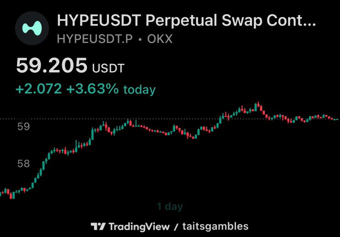 A TradingView chart showing HYPEUSDT.P (HYPE/USDT Perpetual Swap) on OKX at 59.205 USDT, up +2.072 (+3.63%) over the 1-day timeframe. The image relates to the bullish HYPE sentiment in the post by displaying today's price gains, suggesting favorable accumulation conditions for HYPE-related tokens like PURR.