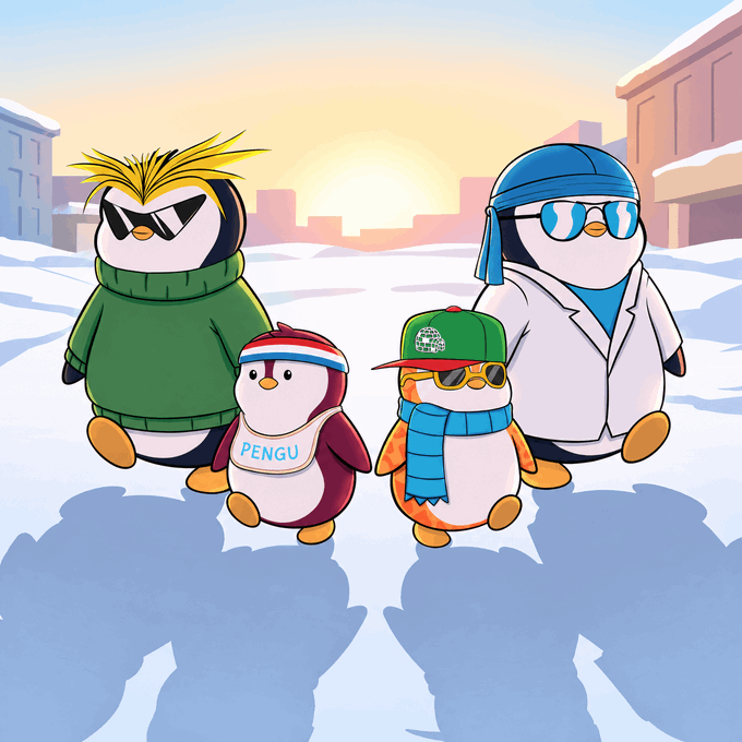 Four stylized characters—two adult penguins in sunglasses, a green sweater, and a white jacket, alongside two smaller baby penguins, one wearing a "PENGU" bib—stand together in a snowy cityscape at sunset, representing the Pudgy Penguins community MVP award.
