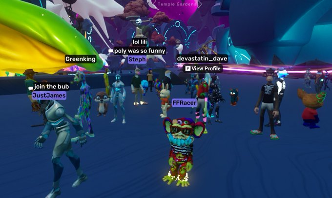 A screenshot from the Rec Room VR game shows multiple avatars gathered in a colorful 'Temple Garden' environment, with usernames like 'lol lili', 'Steph', and 'JustJames' floating above their heads.