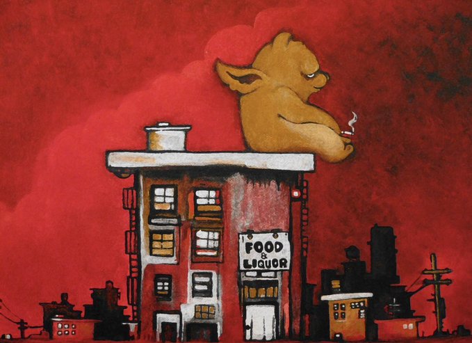 An illustration of a giant orange creature smoking a cigarette while sitting atop a building with a "FOOD & LIQUOR" sign against a dark red sky.