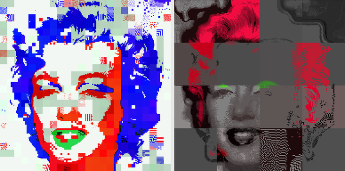 Two stylized, glitch-art portraits of faces side-by-side; the left is composed of red, blue, and green pixelated blocks, while the right features black, red, and gray tones with bright green accents on the eyes.