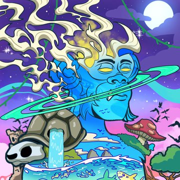 A colorful digital illustration depicting a blue deity-like figure with swirling golden hair and a ring around its body, set against a purple cosmic sky with a moon, mushrooms, and a waterfall.