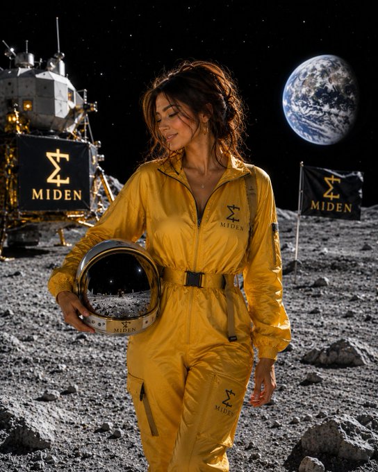 The image features a woman wearing a yellow jumpsuit with the word "Maiden" written across her chest. She is standing on a rocky surface that appears to be part of the moon, as indicated by the presence of a large rocket ship behind her. The caption in the image suggests that the focus should be on the content of the post rather than the visual elements present in the scene.