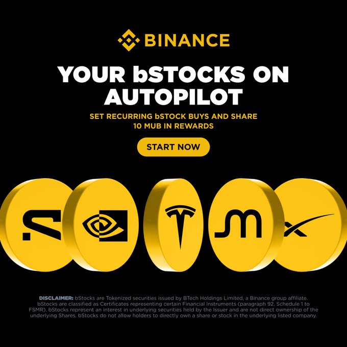 A Binance promotional graphic titled "YOUR bSTOCKS ON AUTOPILOT" advertises recurring bStock buys with a share of up to 10 MUB in rewards, featuring gold coins displaying logos of Tesla (TSLA), NVIDIA, Coinbase (COIN), MicroStrategy (MSTR), and SpaceX, along with a "START NOW" button. The image illustrates the post's announcement about using Binance Convert to automate recurring bStock purchases starting at 0.01 USDC and earn MUB rewards.