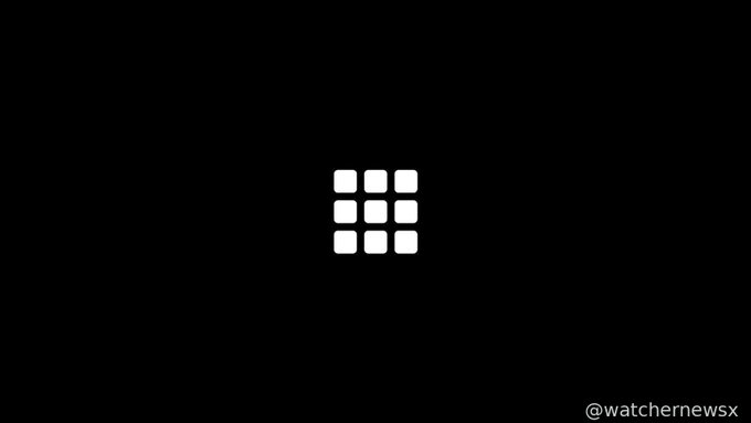 A minimalist black screen displaying a white 3x3 grid icon in the center, with the handle '@watchernewsx' in the bottom right corner.